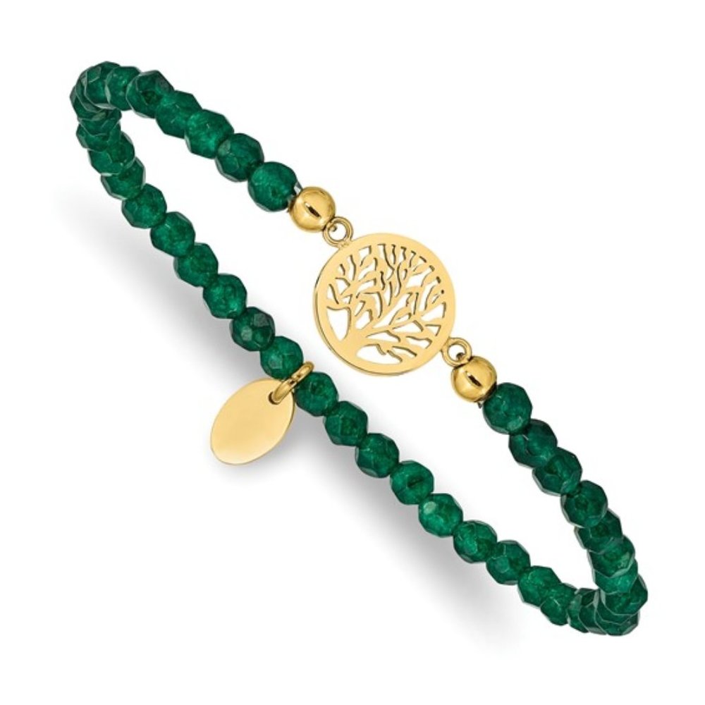 Stainless Steel Yellow IP Tree of Life 4mm Green Jade Beaded Stretch Bracelet